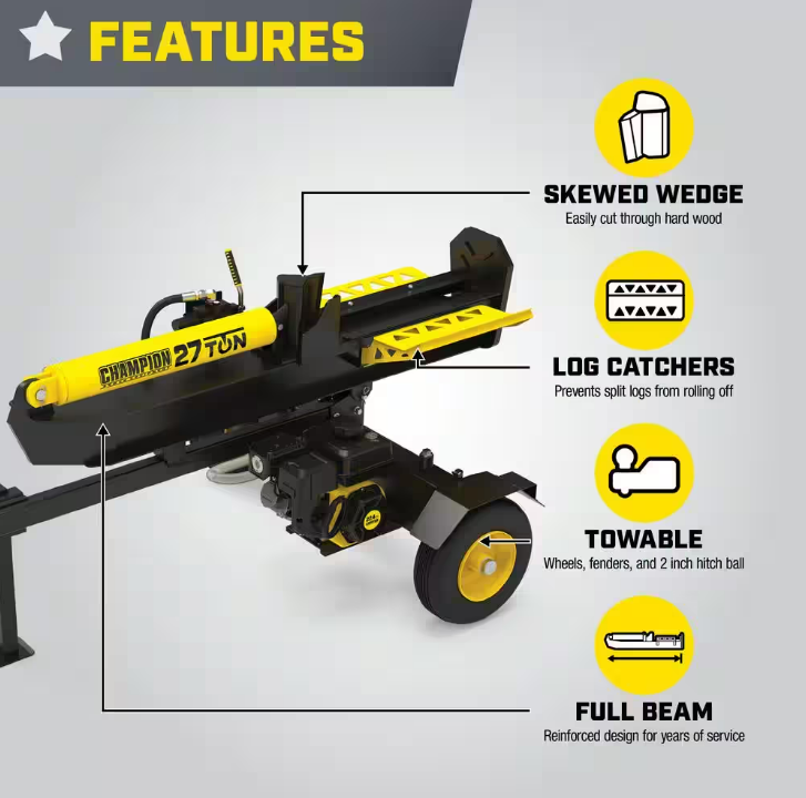 27-Ton Gas Hydraulic Log Splitter, 224cc, Vertical Horizontal