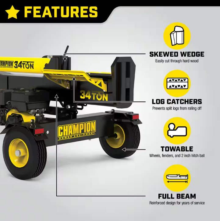 Champion 34-Ton Hydraulic Log Splitter, 338cc Engine